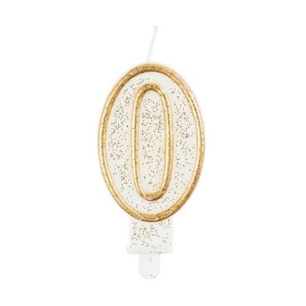 Narozeninová svíčka číslice 0 v bílo-zlatém provedení se třpytkami, výška 7,5 cm
