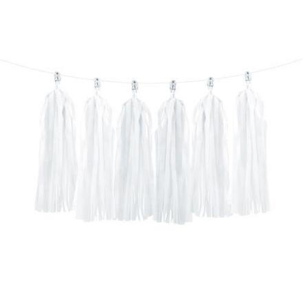 Bílá střapcová girlanda o délce 2 m se 12 střapci, vhodná na svatbu nebo narozeninovou oslavu