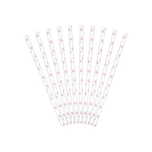 Papírová brčka bílá - růžová srdíčka - 10 ks