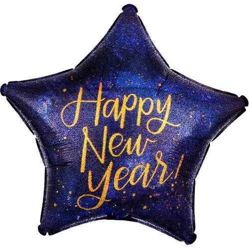 Foliový balonek hvězda Happy New Year - holografická 45 cm