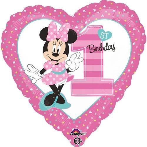 Foliový balonek srdce 1st birthday Minnie 45 cm