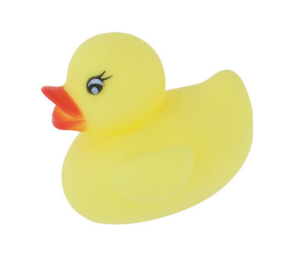 Sada čtyř malých žlutých gumových kačenek se zobáčky, ideální na baby shower nebo dětskou oslavu