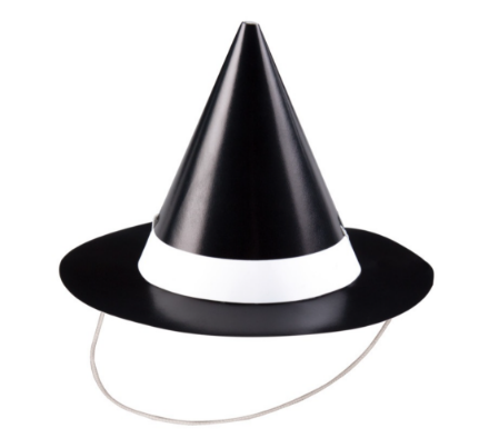 Mini čarodějnický klobouk z papíru s bílým lemem a gumičkou, balení 8 ks