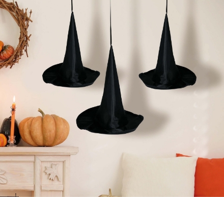 Obrázok z Dekorácia visiace čarodejnícke klobúky – 3 ks, 18 cm, čierne
